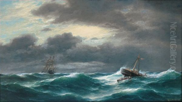 Rescue From Shipwreck Oil Painting by Franz Johann (Wilhelm) Huenten