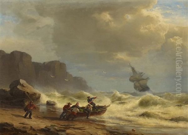 Ausfahrt Bei Sturmischer See Oil Painting by Franz Johann (Wilhelm) Huenten