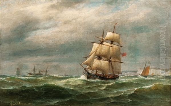 Ships Off The Cliffs Of Dover Oil Painting by Franz Johann (Wilhelm) Huenten