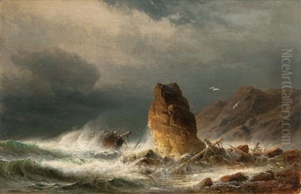 Dramatic Shipwreck Oil Painting by Franz Johann (Wilhelm) Huenten