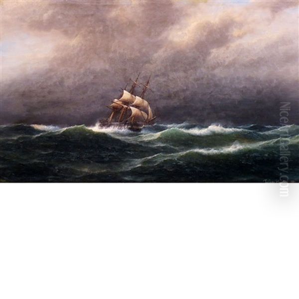 Barkentine Sailing Ship On Stormy Seas Oil Painting by Franz Johann (Wilhelm) Huenten