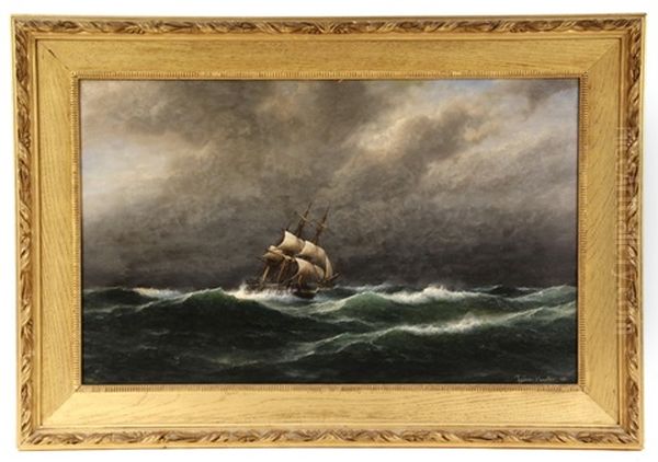 Barkentine Sailing Ship On Stormy Seas Oil Painting by Franz Johann (Wilhelm) Huenten