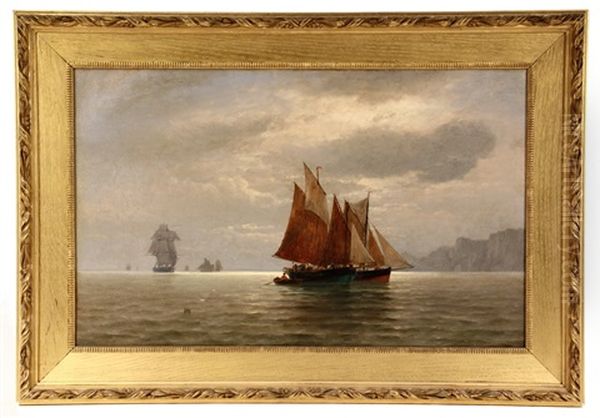 Fishing Boats Off Coast Oil Painting by Franz Johann (Wilhelm) Huenten