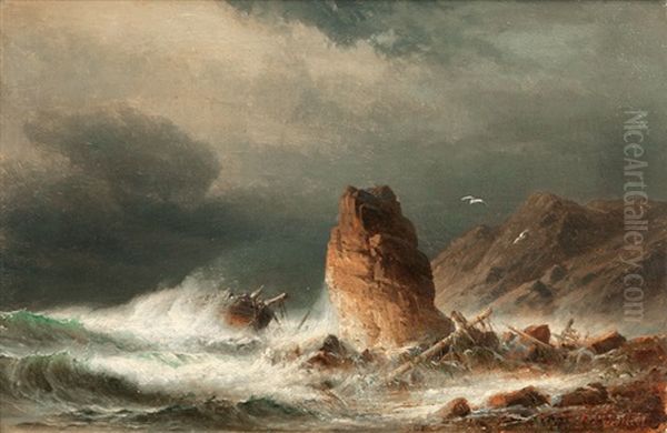 Dramatic Shipwreck Oil Painting by Franz Johann (Wilhelm) Huenten