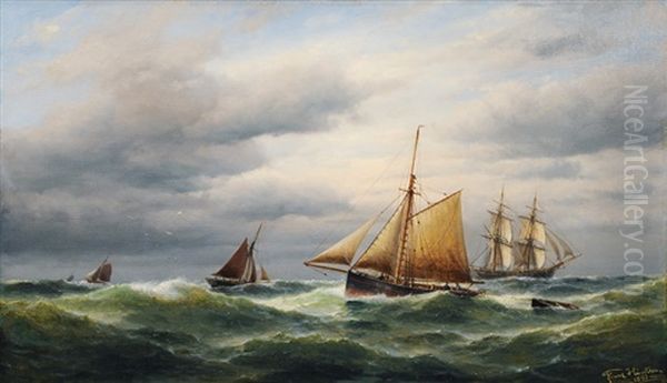 Cutter And Tall Ship On Open Sea by Franz Johann (Wilhelm) Huenten