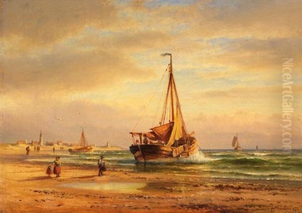 Segelboote Am Strand Oil Painting by Franz Johann (Wilhelm) Huenten