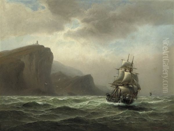 A Three-master By A Rocky Coast Oil Painting by Franz Johann (Wilhelm) Huenten