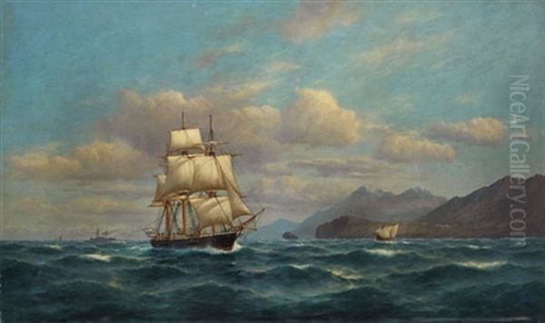 Segler Vor Felsiger Kuste Oil Painting by Franz Johann (Wilhelm) Huenten