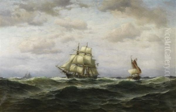 Vollschiff Unter Deutscher Flagge Auf See Oil Painting by Franz Johann (Wilhelm) Huenten