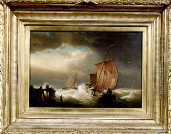 Fischerboote In Aufgewuhlter See Oil Painting by Franz Johann (Wilhelm) Huenten