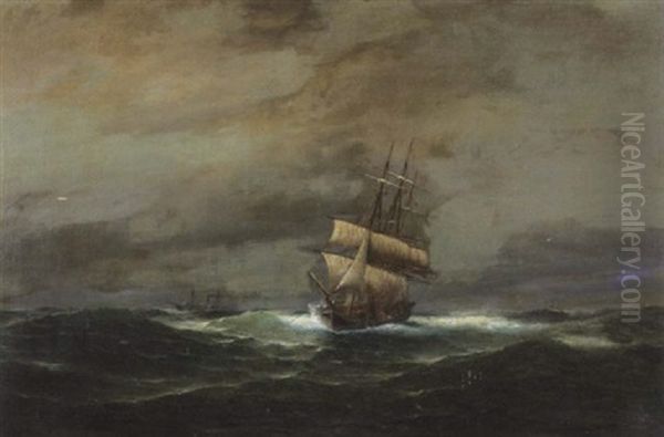 Vollschiff In Sturmischer See Oil Painting by Franz Johann (Wilhelm) Huenten