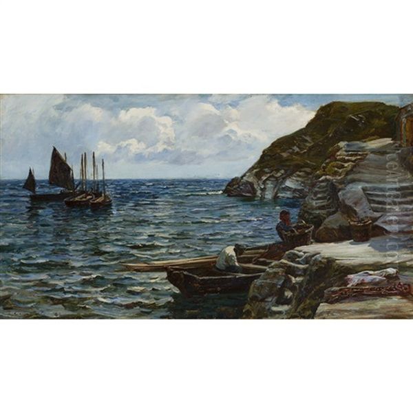 Fishing Boats Off The Coast Of Cornwall Oil Painting by Colin Hunter