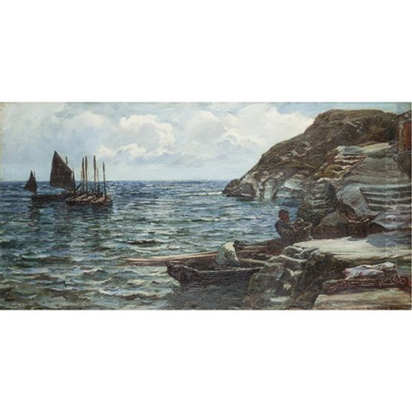 Fishing Boats Off The Coast Of Cornwall Oil Painting by Colin Hunter