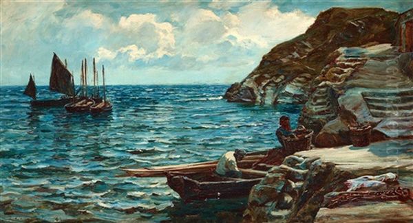 Fiskebatar Utanfor Cornwalls Kust Oil Painting by Colin Hunter