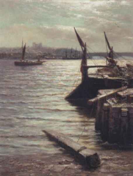 Barges Moored By The Riverbank Oil Painting by Colin Hunter