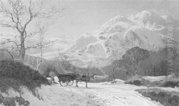 Figure With Horse And Cart On Snowy Road Oil Painting by Colin Hunter