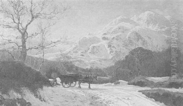 Figure With Horse And Cart On Snowy Road Oil Painting by Colin Hunter