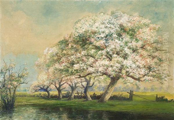 Landscape With Blossoming Apple Trees Along A Fence Oil Painting by Frederick Leo Hunter