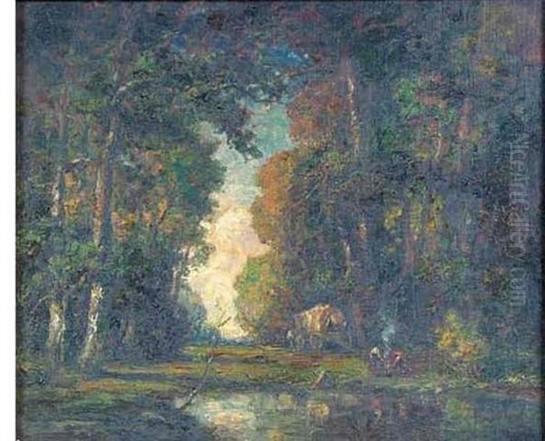 Landscape With Figures In A Forest Interior Oil Painting by Frederick Leo Hunter