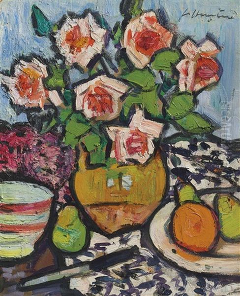 Still Life With Roses, Fruit And Knife Oil Painting by George Leslie Hunter