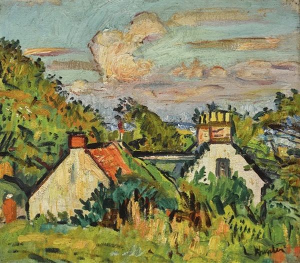 Cottages And Landscape, Fife by George Leslie Hunter