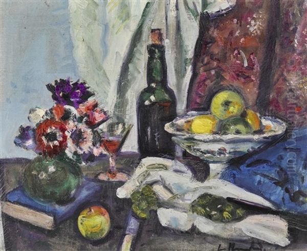 Still Life With Fruit, Anemones And Bottle by George Leslie Hunter