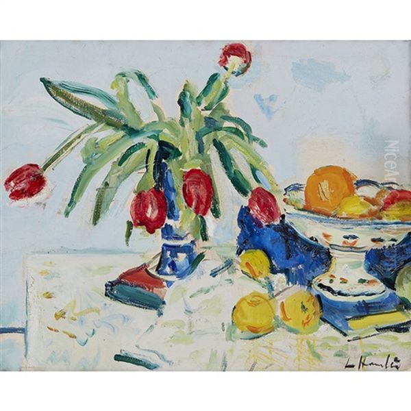 A Still Life Of Tulips And Fruit Oil Painting by George Leslie Hunter