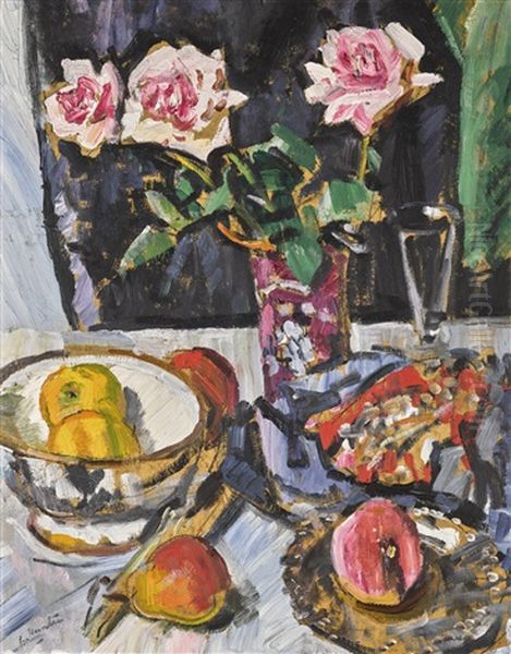 Still Life Of Pink Roses With Fruit And A Glass Oil Painting by George Leslie Hunter