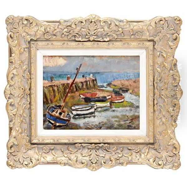 Fishing Boats Low Tide Oil Painting by George Leslie Hunter