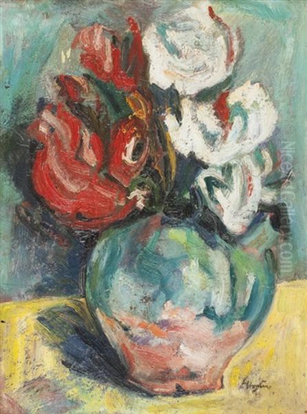 Cyclamen In A Green And Red Jug Oil Painting by George Leslie Hunter