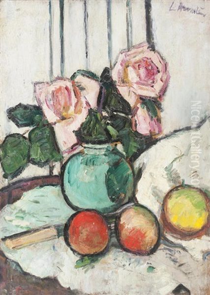 Still Life, Pink Roses And Fruit Oil Painting by George Leslie Hunter