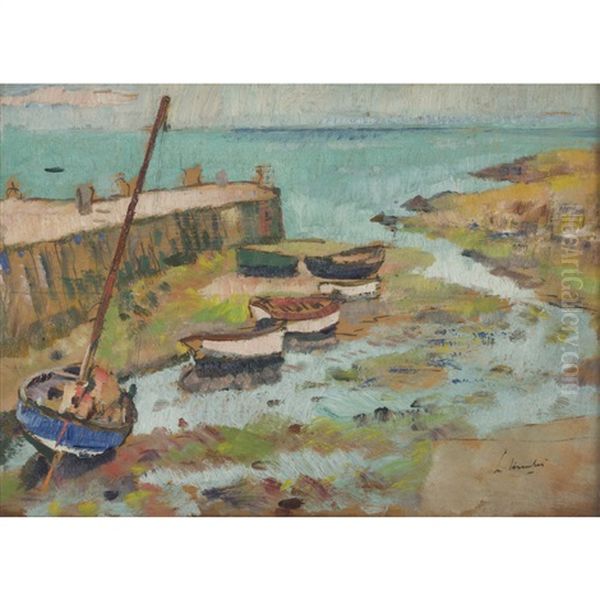 Boats In Harbour Oil Painting by George Leslie Hunter