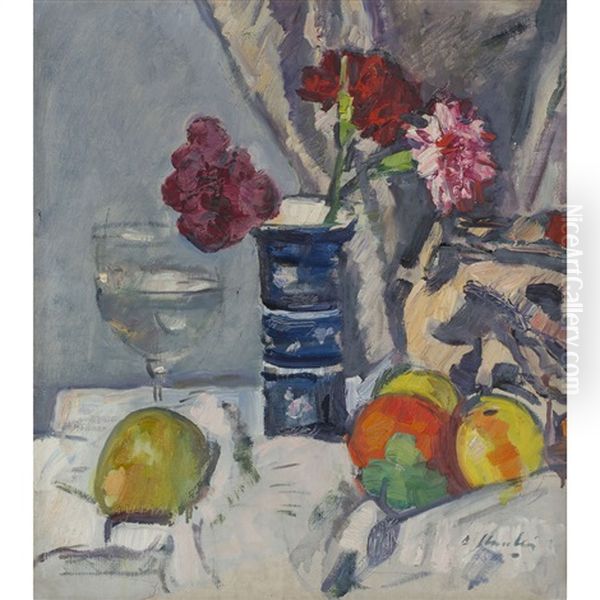 A Still Life Of Roses And Fruit Oil Painting by George Leslie Hunter