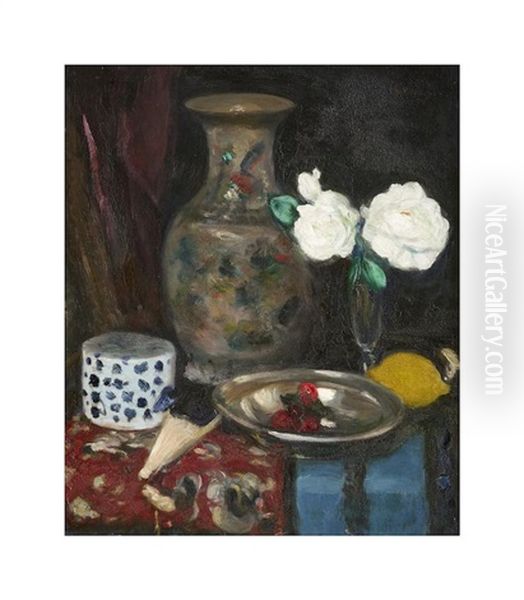 Still Life With A Chinese Vase And White Roses Oil Painting by George Leslie Hunter