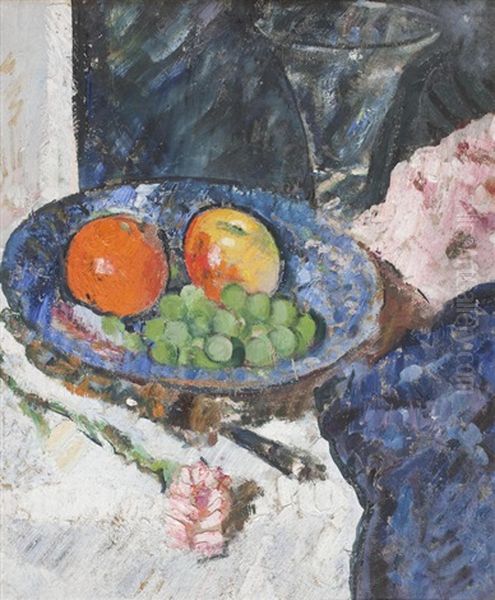 Still Life With Bowl Of Fruit, Glass And Carnation Oil Painting by George Leslie Hunter