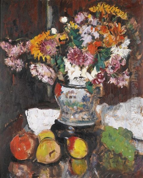 Still Life Of Chrysanthemums In A Chinese Vase Oil Painting by George Leslie Hunter