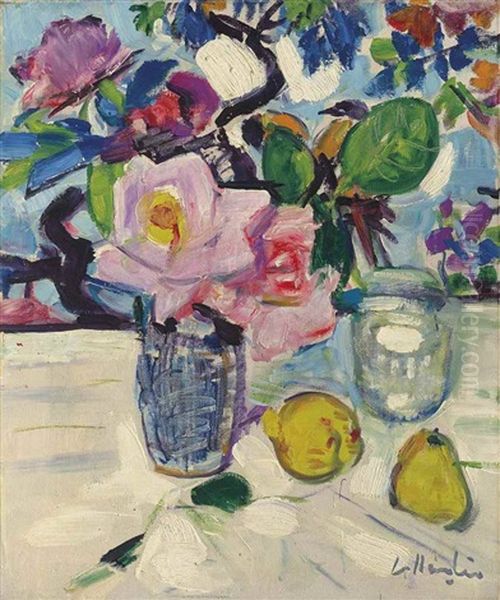 Still Life With Roses And Fruit Oil Painting by George Leslie Hunter