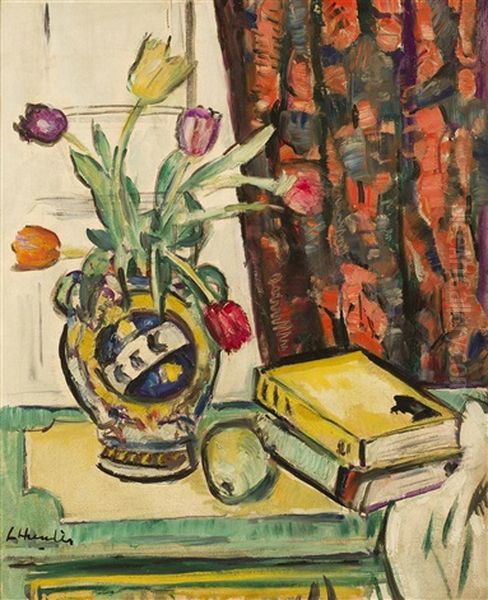 Still Life: Books And A Pear And Tulips In A Vase Oil Painting by George Leslie Hunter