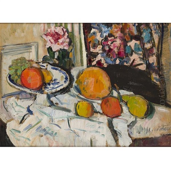 A Still Life With Fruit And Flowers On A White Cloth Oil Painting by George Leslie Hunter