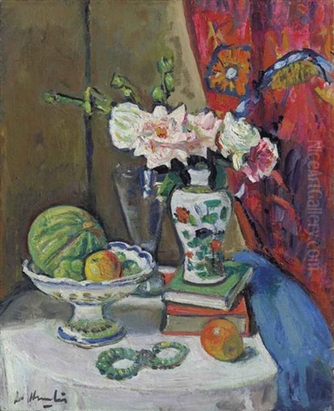 Pink Roses, Red Curtain In Background, Green Melon And Jade Necklace Oil Painting by George Leslie Hunter