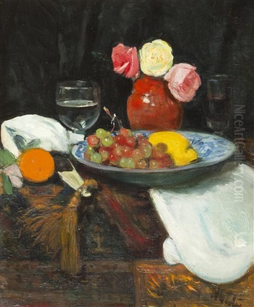 Still Life With Roses, Fruit And Wine Glass Oil Painting by George Leslie Hunter