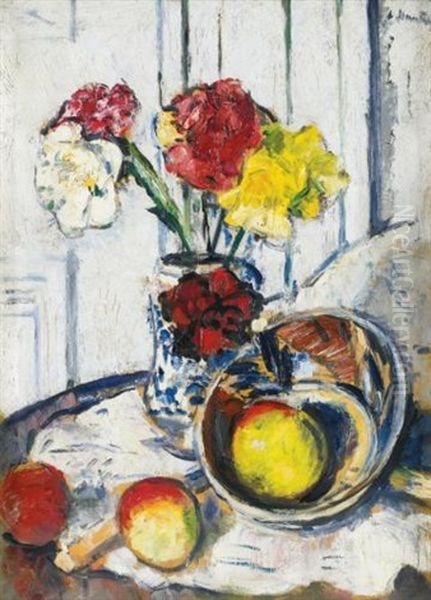 Still Life Of Apples And Flowers In A Blue Vase Oil Painting by George Leslie Hunter