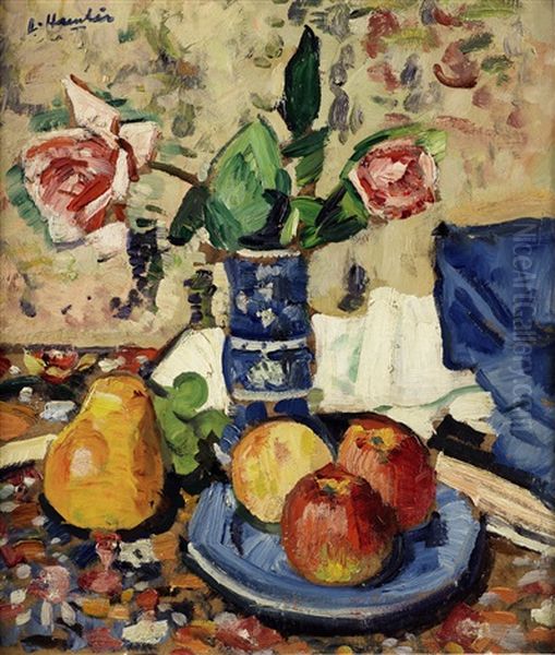 Apples, Pears And Roses Oil Painting by George Leslie Hunter