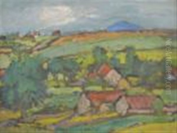 Cottages Amongst Hills, Possibly Fifshire Oil Painting by George Leslie Hunter