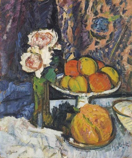 Still Life With Roses And Fruit Oil Painting by George Leslie Hunter