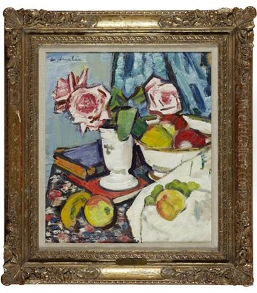 Still Life With Pink Roses And Fruit Oil Painting by George Leslie Hunter