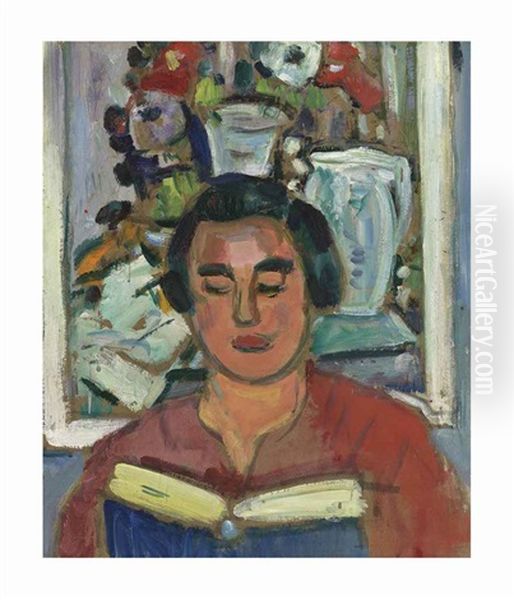 Painting & Book (portrait Of Miss Jean Mccaig) Oil Painting by George Leslie Hunter