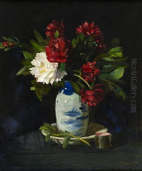 Peony Roses Oil Painting by George Leslie Hunter