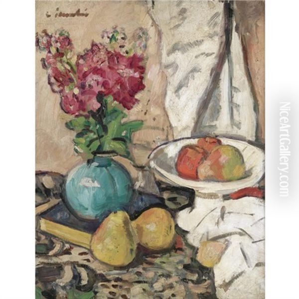 Still Life With Fruit And Flowers In A Green Vase (+ Composition Sketch, Verso) Oil Painting by George Leslie Hunter