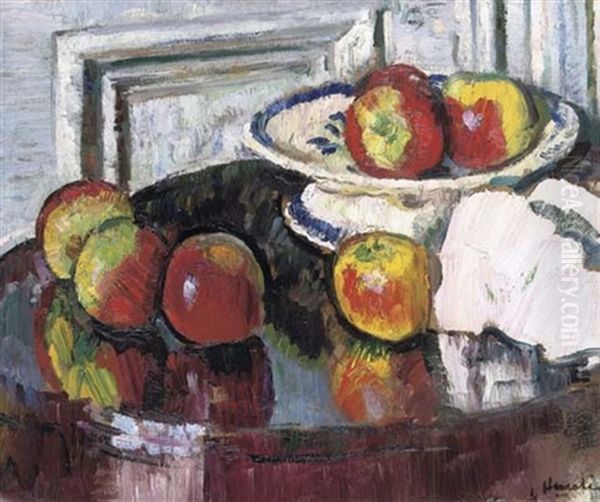 Still Life With Apples (+ Still Life With Fruit And Flowers, Verso) Oil Painting by George Leslie Hunter